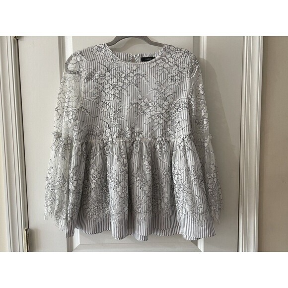 Lumie Black & White Lace Top Size S Bell Sleeves Striped Underlay Babydoll - Picture 3 of 9